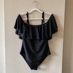 Black Ruffle Off Shoulder One Piece Bathing Suit
